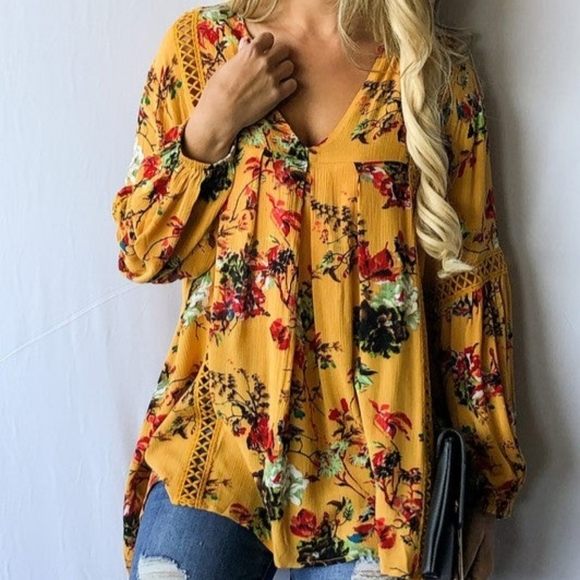 Pink Diamond Yellow Mustard Floral Boho Lace Oversized Fashion Tunic - Picture 1 of 13